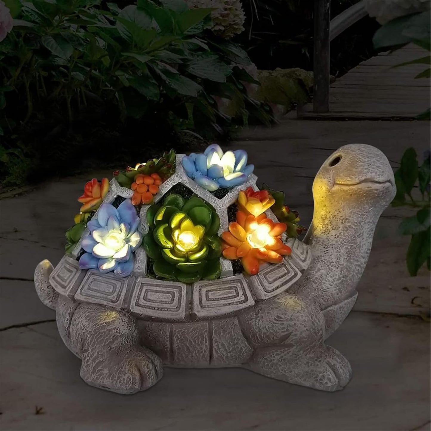 Fulton Gifts Turtle Garden Statue with Succulent & 7 LED Lights Outdoor Patio Décor